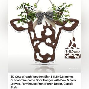 Cow Head Wooden Welcome Wreath with Bow and Faux Greenery